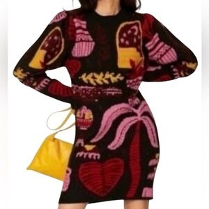 FARM Rio Black Tropical Knit Dress Puff Sleeve L